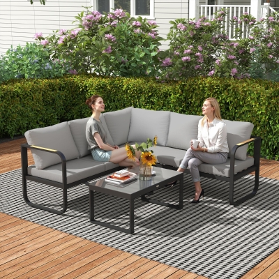 Outsunny Conjunto de Mobiliário de Jardim Exterior 3 Peças em L com Sofás e Mesa de Café em Vidro Assento Ajustável 5 Posições Cinza