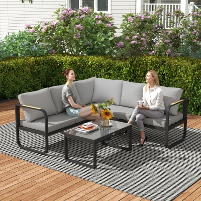 Outsunny Conjunto de Mobiliário de Jardim Exterior 3 Peças em L com Sofás e Mesa de Café em Vidro Assento Ajustável 5 Posições Cinza