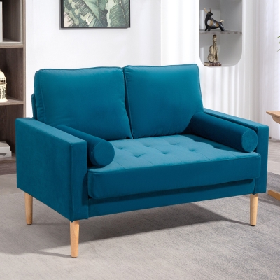 HOMCOM Sofá de 2 Lugares Moderno em Veludo 127 cm com Almofadas Espessas 2 Travesseiros e Assento Capitonê Azul