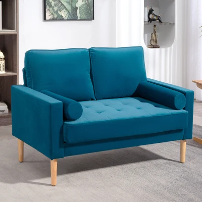 HOMCOM Sofá de 2 Lugares Moderno em Veludo 127 cm com Almofadas Espessas 2 Travesseiros e Assento Capitonê Azul