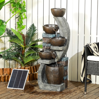 Outsunny Fonte de Água Exterior 5 Níveis Fonte de Jardim Luzes LED Painel Solar Bomba em Resina Cinza e Marrom