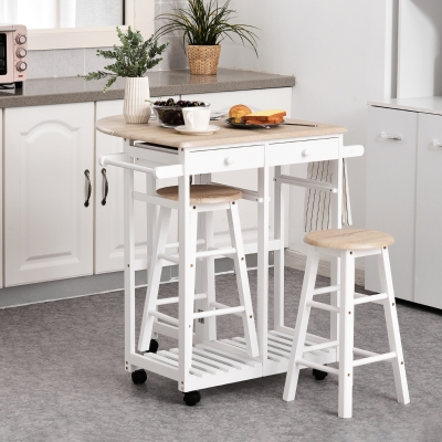 HOMCOM Conjunto Mesa de Bar Dobrável com Rodízios Estante e 2 Gavetas 2 Bancos Pinho MDF Branco Carvalho Claro