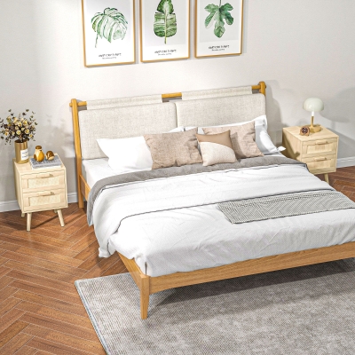 HOMCOM Conjunto de 2 Mesas de Cabeceira Mesas Auxiliares 2 Gavetas Frentes Aspecto Vime Rotim Estilo Boémio 40x40x56 cm Natural