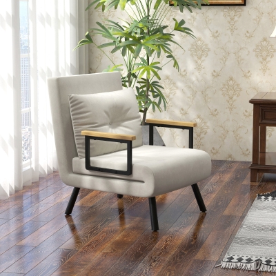HOMCOM Poltrona Conversível 4 em 1 Cama de 1 Lugar Encosto 5 Posições Apoios de Braço de Madeira Almofada Tecido Efeito Veludo Creme