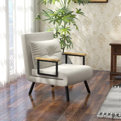 HOMCOM Poltrona Conversível 4 em 1 Cama de 1 Lugar Encosto 5 Posições Apoios de Braço de Madeira Almofada Tecido Efeito Veludo Creme