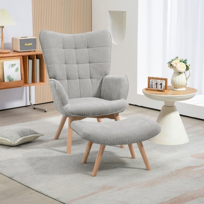 HOMCOM Cadeirão com Otomano Cadeira de Relaxamento em Veludo Cadeira de Braços com Pernas de Madeira para Sala de Estar Cinza