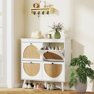HOMCOM Móvel para Sapatos 4 Reclináveis 20 Pares Prateleira Ajustável Estilo Boêmio Pés em Madeira Maciça 105x24x97,5 cm Branco