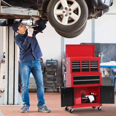 HOMCOM Carrinho de Ferramentas Carrinho/Caixa de Ferramentas 6 Gavetas 1 Cômoda Caixa Removível Aço Vermelho e Preto
