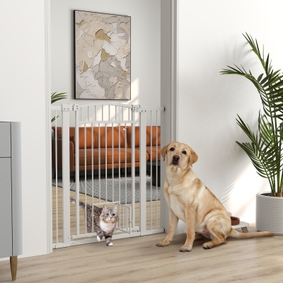 Pawhut Barreira para Cães Largura Ajustável 76-102 cm Barreira Extra Larga com Porta para Gato Branco