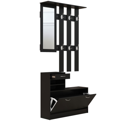 HOMCOM Móvel de Entrada Cabideiro com Sapateira e Espelho em Aglomerado 90x10x102 cm Preto