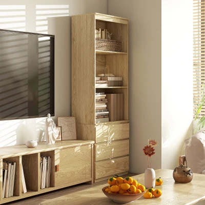 HOMCOM Estante Alta de 180 cm com 3 Prateleiras e 3 Gavetas 60x35x180 cm Painéis de Partículas Efeito Madeira