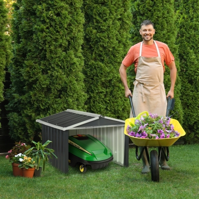 Outsunny Barracão de Jardim para Robô Corta-relva Garagem Corta-relva Chapa de Aço Cinza