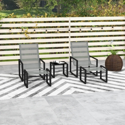 Outsunny Sala de Jardim 5 Peças 2 Lugares com 2 Cadeiras 2 Apoios de Pés e 1 Mesa Metal Preto Assento em Tecido de Malha Cinza
