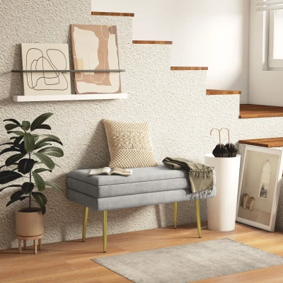 HOMCOM Banco Baú de Armazenamento 2 em 1 Assento de Veludo e Pés de Aço 79,5x37,5x43 cm Cinza e Dourado