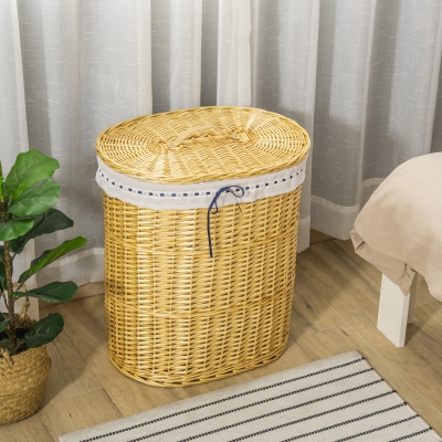 HOMCOM Cesto de Roupa em Vime com Tampa Recipiente com Alça Forro de Tecido Removível Cesto de Roupa Caixa de Lavagem Natural