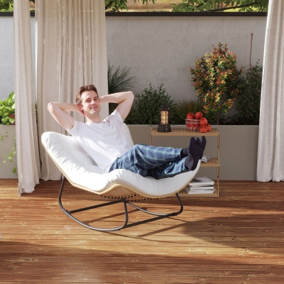 Outsunny Cadeira de Balanço de Jardim Cadeira de Balanço em Forma de Ovo com Almofada Acolchoada 98x111x74 cm Creme