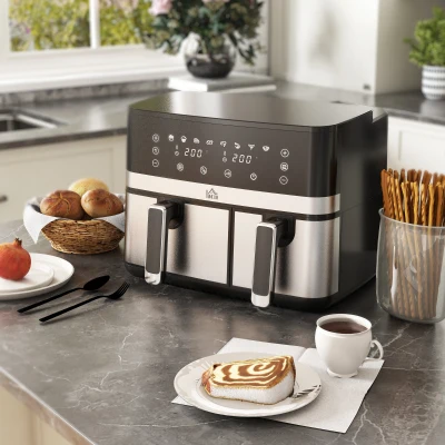 HOMCOM Fritadeira de Ar Sem Óleo Air Fryer Duplo Compartimento 8,5 L 2700 W 8 Programas Temperatura Ajustável Temporizador