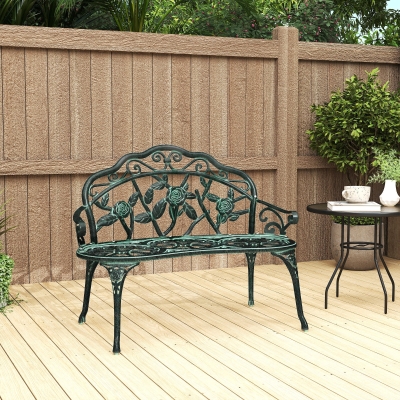 Outsunny Banco de Jardim 2 Lugares Estilo Neo Retro Padrão de Rosa Linhas Fuseladas 100x54x78 cm Alumínio Fundido Verde Envelhecido