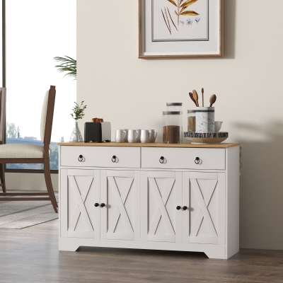 HOMCOM Buffet Móvel de Arrumação Armário de Cozinha Estilo Rústico 2 Gavetões e 2 Armários Prateleiras Ajustáveis Branco