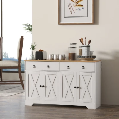 HOMCOM Buffet Móvel de Arrumação Armário de Cozinha Estilo Rústico 2 Gavetões e 2 Armários Prateleiras Ajustáveis Branco