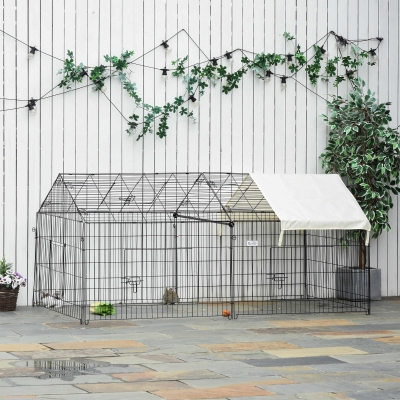 Pawhut Cercado para Pequenos Animais Gaiola Animais de Estimação Estrutura de Metal 4 Estacas de Solo 220x103x103 cm Preto e Bege