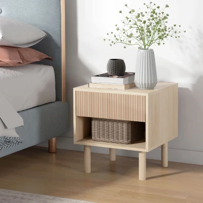 HOMCOM Mesa de Cabeceira Mesa de Noite com Gavetas e Nichos Mesa Auxiliar Estilo Moderno 47x47x50 cm Madeira Natural