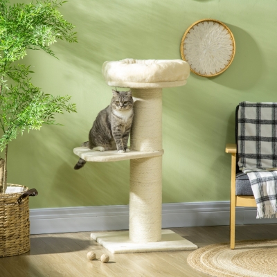 Pawhut Árvore para Gato Poste Arranhador Sisal Natural 2 Plataforma Cesto Observação Brinquedo Bola Suspensa Pelúcia Bege