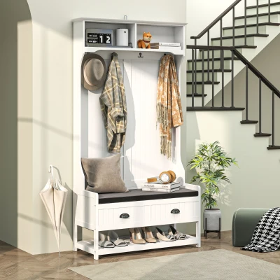 HOMCOM Cabide com Ganchos Guarda Roupa com Banco para Sapatos para Entrada Corredor Metal Aglomerado Branco Cinza