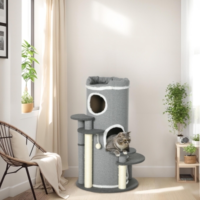 Pawhut Arranhador de Gato com Poste de Arranhar 2 Esconderijos para Gatos 4 Lugares para deitar 4 Postes 57x57x99 cm Cinza e Branco