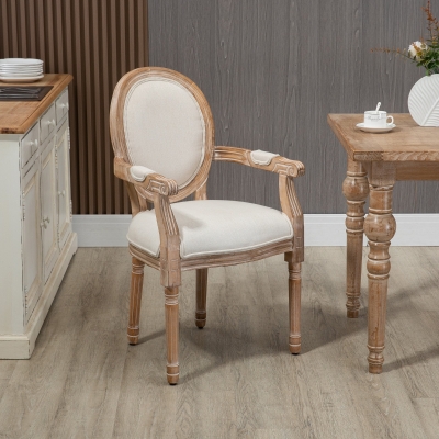 HOMCOM Cadeira de Sala de Jantar Cadeira de Sala Medalhão Estilo Luís xvi Madeira Maciça Patinada e Esculpida Tecido Linho Creme