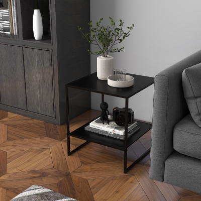 HOMCOM Mesa de Centro Auxiliar Quadrada Estilo Industrial em Metal Preto com Uma Prateleira 40x40x45 cm Preto
