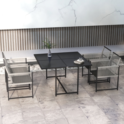 Outsunny Móveis de jardim Conjunto Mesa e Cadeiras com 1 Mesa de Jantar e 4 Cadeiras Encosto Dobrável Tampo de Vidro Temperado