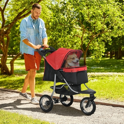 Pawhut Carrinho de Animais de Estimação Dobrável Cães e Gatos Até 10 Kg Janelas de Rede Porta Copos Cesto de Armazenamento Vermelho