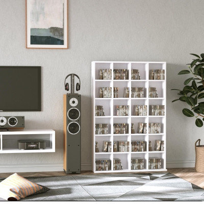 HOMCOM Móvel de Armazenamento de Mídia 480 CDs/312 DVDs Biblioteca de Madeira com Prateleiras Ajustáveis 89x130,5 cm Branco