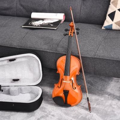 HOMCOM Violino 4/4 de Tamanho Completo com Estojo Afinador Queixeira Arco Breu Cordas Sobressalentes e Pano Madeira Abeto Bordo