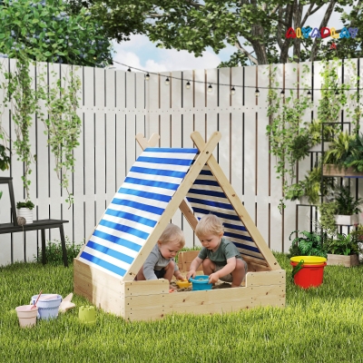 Aiyaplay Caixa de Areia em Madeira para Crianças 3-6 Anos Auvent Removível Resistente Às Intempéries 120x120x126,5 cm Madeira Natural