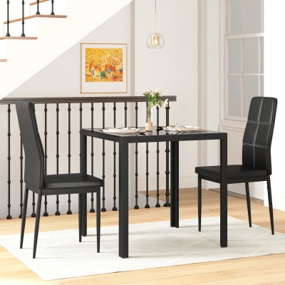HOMCOM Conjunto Mesa de Jantar e Cadeiras para 2 Pessoas Tampo Retangular de Vidro para Cozinha Sala de Estar Casa Preto