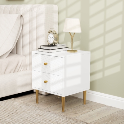 HOMCOM Mesa de Cabeceira com 2 Gavetas Puxadores Pés de Aço para Quarto Sala 40x35x50 cm Branco