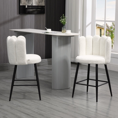 HOMCOM Conjunto de 2 Bancos Altos Bancos de Bar com Apoio para Os Pés Aço Tecido de Lã Bouclée Altura 65 cm Creme Preto