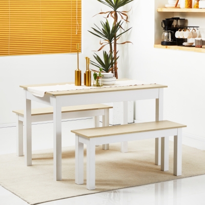 HOMCOM Conjunto de Mesa de Jantar 3 Peças com 2 Bancos Encaixáveis para 4-6 Pessoas Estilo Contemporâneo Painéis de Partículas
