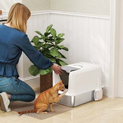 Pawhut Caixa de Areia para Gatos Bandeja em Aço Inoxidável Filtro Pá para Gatos Até 6 Kg 40,5x60,5x41,5 cm Branco Prateado