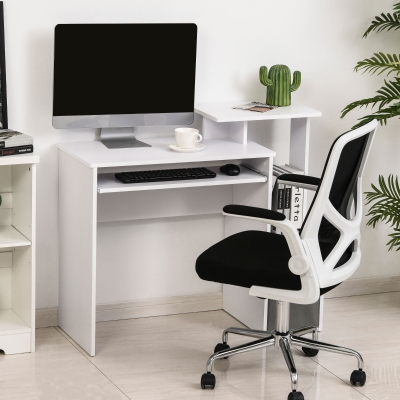 HOMCOM Mesa de Computador Multimídia com Prateleiras Suporte Teclado Cesta Cinza Painéis de Partículas Branco