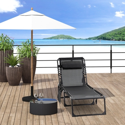 Outsunny Cadeira de Praia Dobrável Cadeira de Estar Encosto Reclinável Apoio de Cabeça Removível Bolso Lateral Aço 189x58x30 cm Preto