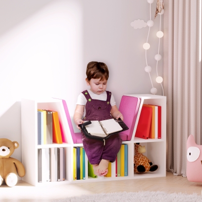 HOMCOM Estante com Banco 2 em 1 estilo Contemporâneo 6 Compartimentos 3 Almofadas Incluídas 102x30x61 cm Branco Rosa
