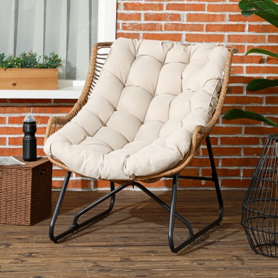 Outsunny Salão de Jardim Imitação de Vime Poltrona Externa com Almofada Estrutura Metálica 75x101x90 cm Natural Cáqui Preto
