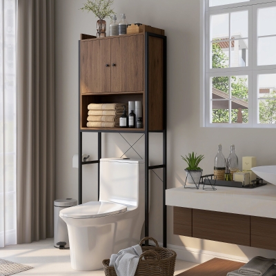 Kleankin Móvel Prateleira Acima Do WC Prateleira para Casa de Banho Armário 2 Portas e Nicho 68x25,5x172,5 cm Marrom Preto