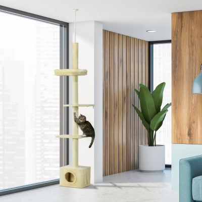 Pawhut Árvore para Gatos Poste Arranhador Altura Ajustável 440x31x240-270 cm 4 Níveis de Atividades com Casinha