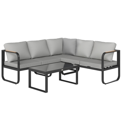 Outsunny Conjunto de Mobiliário de Jardim Exterior 3 Peças em L com Sofás e Mesa de Café em Vidro Assento Ajustável 5 Posições Cinza