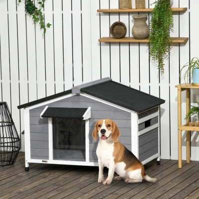 Pawhut Casinha de Cachorro no Estilo Cottage 2 Janelas Porta Telhado Betumado Aberto 109x79x72 cm Pinho Cinza