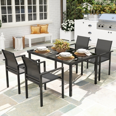 Outsunny Mesa de Jardim Ao Ar Livre com 4 Cadeiras Empilháveis Tampo de Vidro Temperado de 140 cm Preto